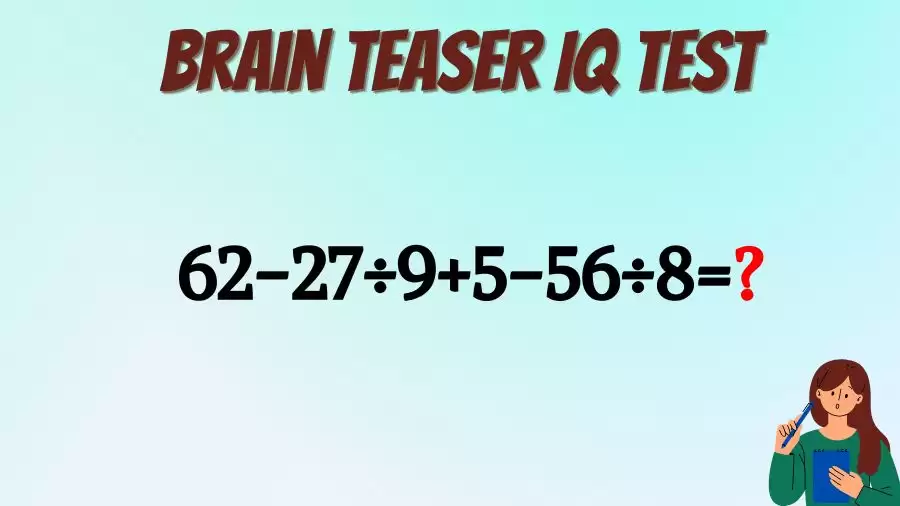 Brain Teaser IQ Test Math Quiz: 62-27÷9+5-56÷8=?