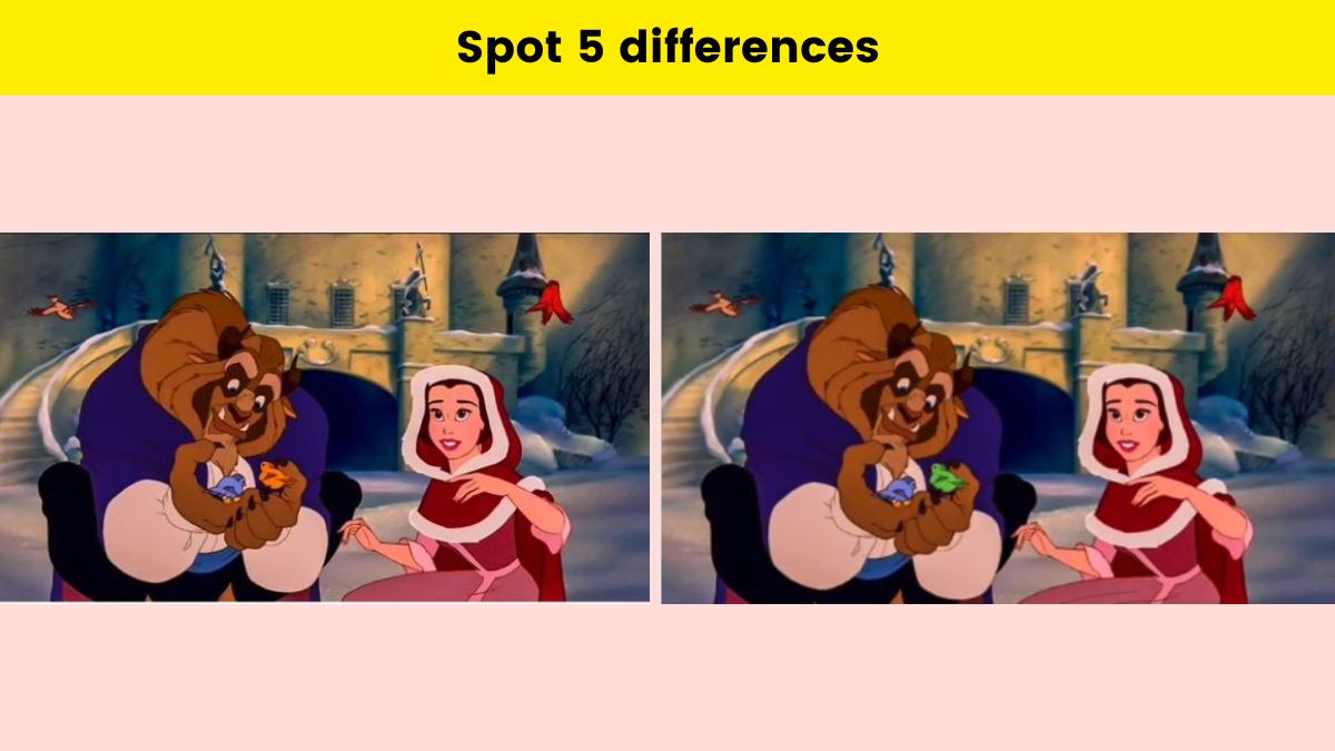 Spot 5 differences in the Beauty and Beast picture within 20 seconds