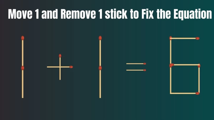 Brain Teaser Matchstick Puzzle: Move 1 and Remove 1 Matchstick to make the Equation 1+1=6 Right