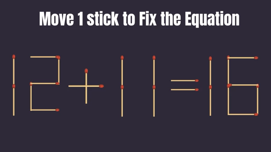 Matchstick Brain Teaser: 12+11=16 Fix The Equation By Moving 1 Stick