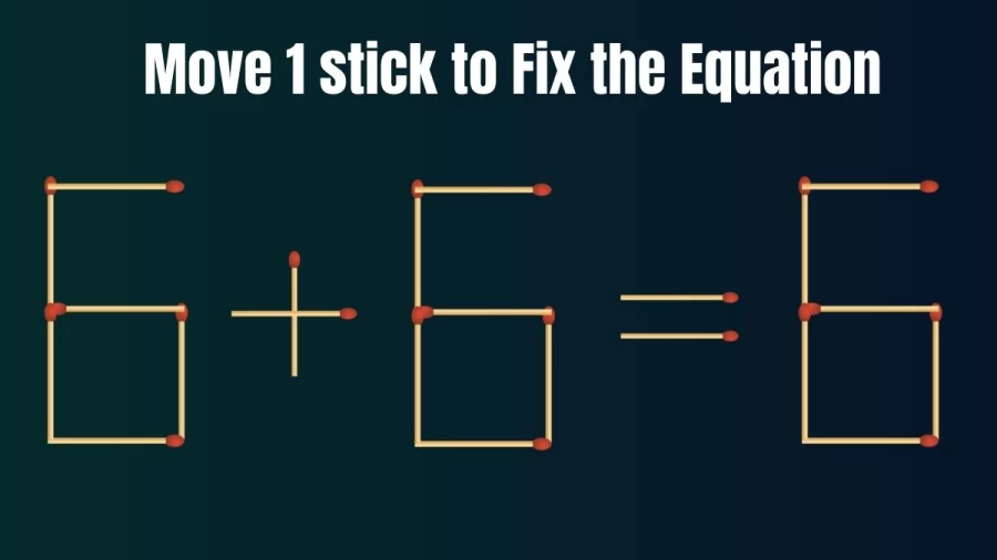 Matchstick Brain Teaser for IQ Test: 6+6=6 Fix The Equation By Moving 1 Stick
