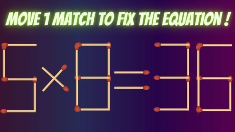 Brain Teaser: 5x8=36 Move 1 Match to Correct the Equation